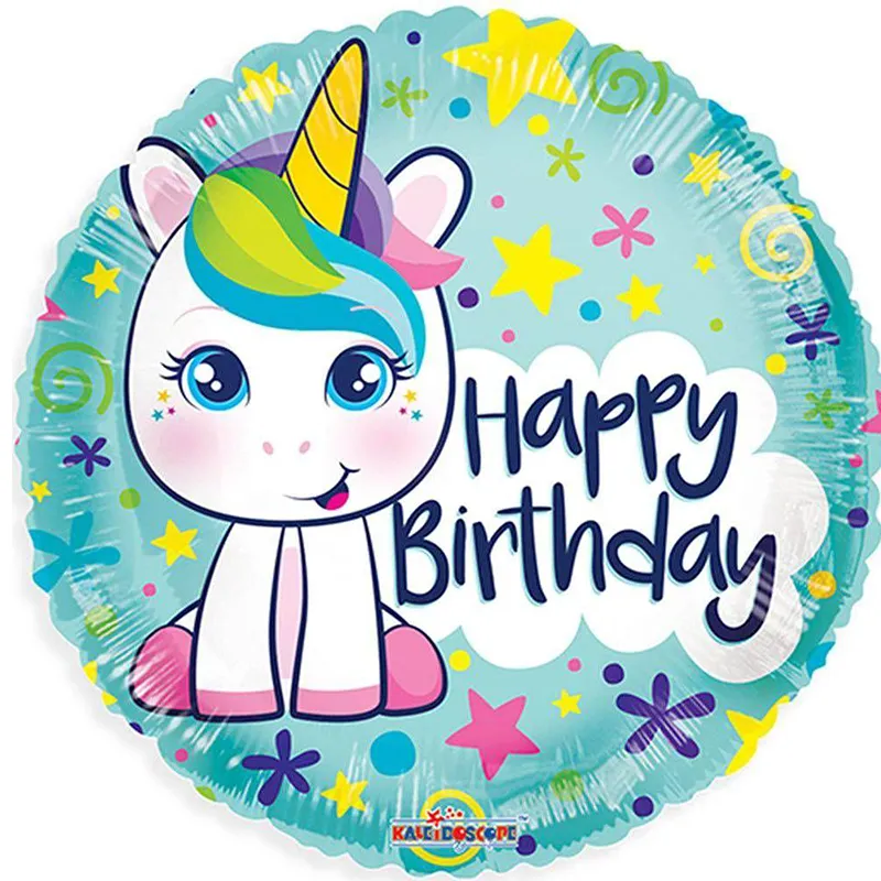 بادکنک فویلی گرد طرح happy birthday یونی کورن
